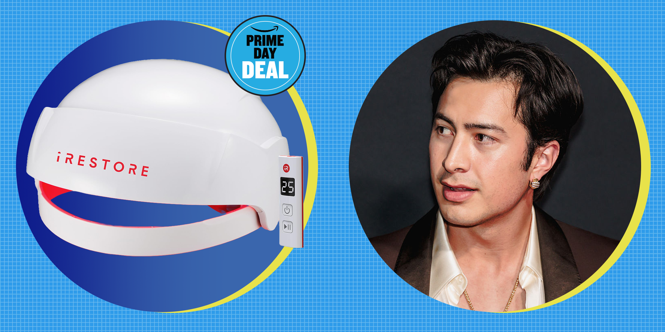 iRestore laser hair growth helmet with Prime Day deal badge and man looking away