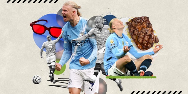 Collage featuring a soccer player, sunglasses, and a steak.