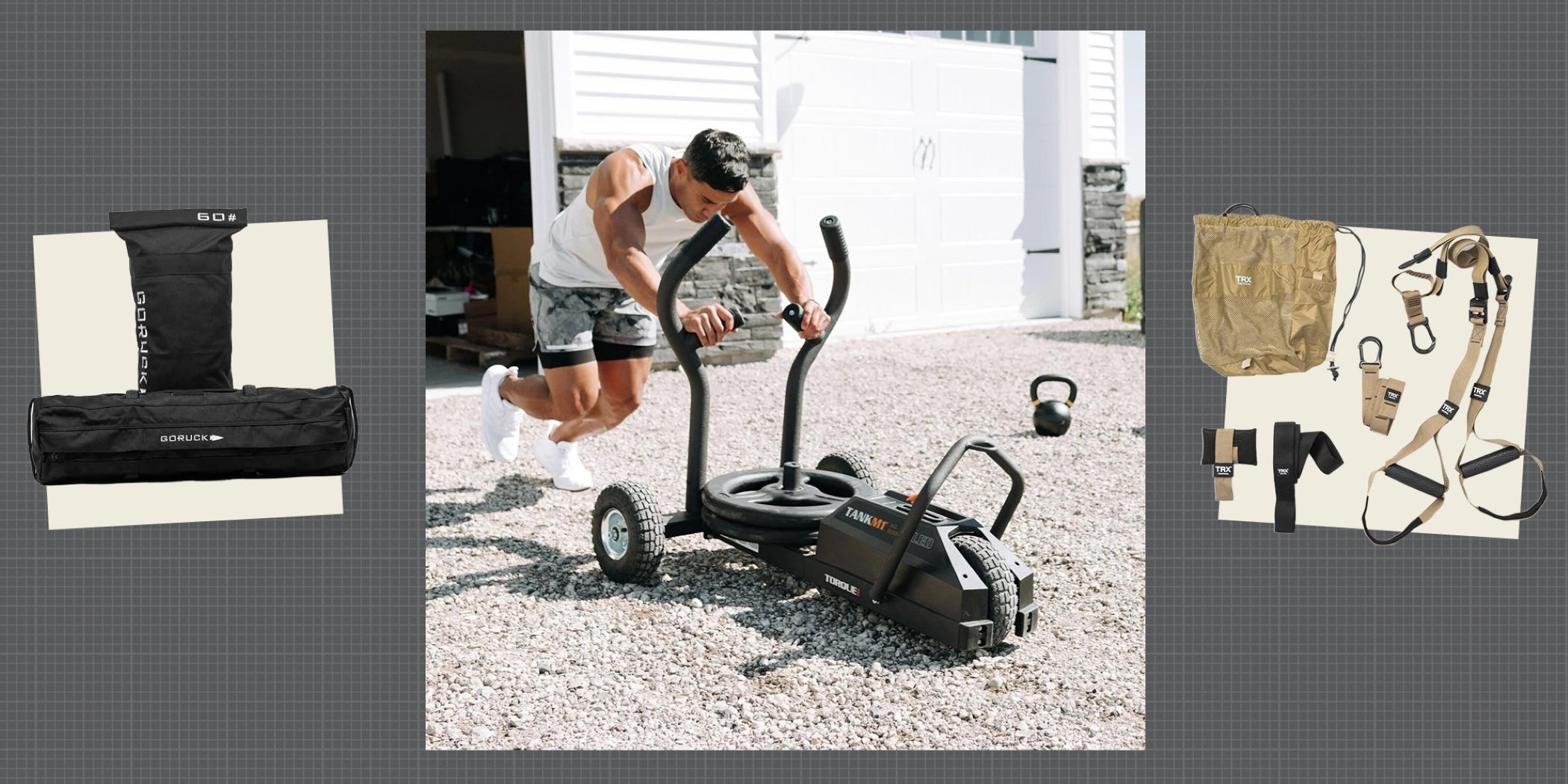 Man pushing a sled in a gravel area, with fitness equipment displayed on the side.