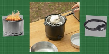 Portable stove, cooking a bun, with a campfire stove and headlamp on a green grid background.