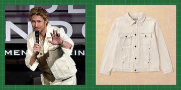 Promotional image for a clothing item featuring a person gesturing and a denim jacket.