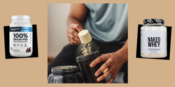 Whey protein powder being measured into a shaker bottle with two protein containers in the background.