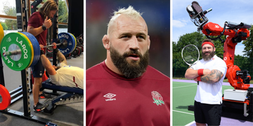 man bench pressing, rugby player in red shirt, man with tennis racquet and robotic arm on court.