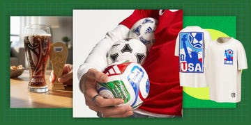FIFA World Cup themed items including drinks, soccer balls, and T-shirts.