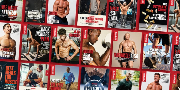 Collage of Men's Health fitness covers featuring muscle-building and workout plans.