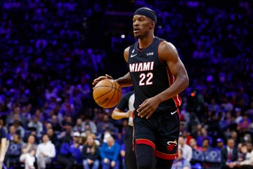 philadelphia, pa april 06 jimmy butler 22 of the miami heat in action against the philadelphia 76ers during a game at wells fargo center on april 6, 2023 in philadelphia, pennsylvania the heat defeated the 76ers 129 101 note to user user expressly acknowledges and agrees that, by downloading and or using this photograph, user is consenting to the terms and conditions of the getty images license agreement photo by rich schultzgetty images