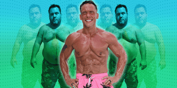 weight loss transformation of james votraw in a swimsuit.