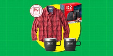 gift items including a flannel shirt a nintendo switch and yeti mugs