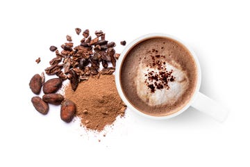 hot chocolate health benefits: cocoa beans, powder and a mug of hot chocolate on a white background.