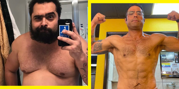 left photo is a bathroom mirror selfie of overweight shirtless man and to the right is a fit shirtless man flexing muscles