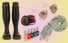 an assortment of items including boots, scarves and jewelry on a white background with yellow border