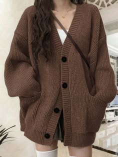 Get this drim here Cardigan Sweater Long, Woolen Jackets, Woolen Sweater, Long Sweater, Cardigan Sweater, Brown Sweaters, Affordable Winter Outfits, Sweater Two Piece Set, Comfy Outfits Winter