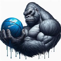 a gorilla holding a blue ball in his hands with dripping paint on it's face