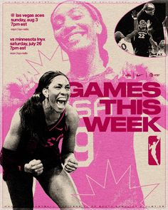 a woman is laughing while standing in front of a poster with the words games this week on it