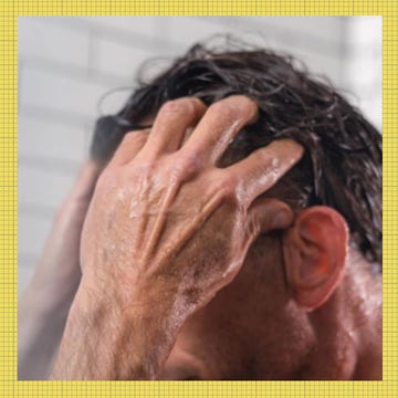 Hair care products displayed alongside a man washing his hair. Hair care products displayed alongside a man washing his hair.