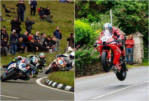 Isle of Man TT races where riders are going at full speed around the mountain course isle of man tt races where riders are going at full speed around the mountain course
