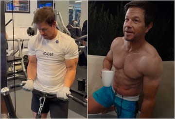Mark Wahlberg training his biceps in the gym alongside a photo of him in a cold plunge two images of a muscular individual in different settings one in a gym and one outdoors